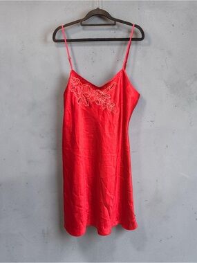Morgan Taylor Red Satin Floral-Embroidered Slip